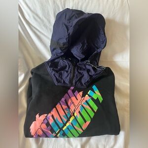 Opening Ceremony Black Hoodie with Purple Hood and Multicolor Graphic